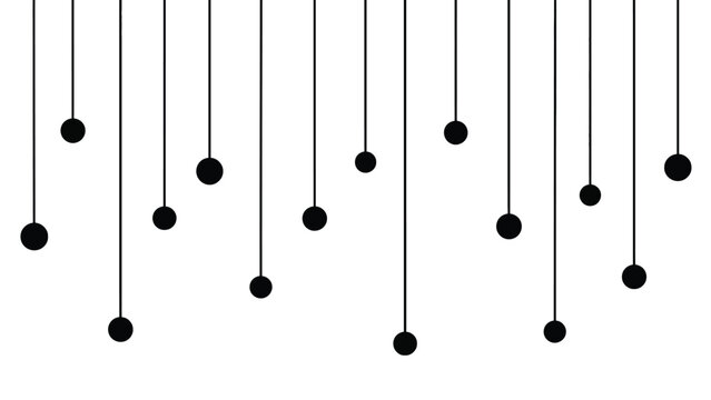 Sphere Pendulum Dots Icon with Vertical Lines and Evenly Spaced Black Balls on White Background Featuring Newton Cradle, Oscillator, Motion