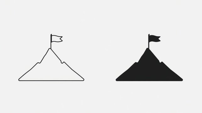Minimalist mountain peak with flag icons, achievement and success symbols, black and white mountain summit graphics for business goals