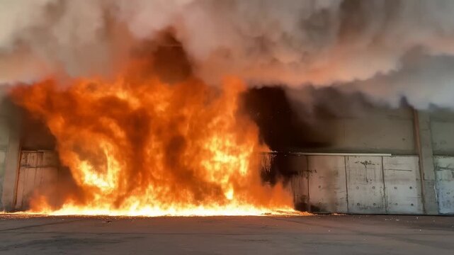 Intense building fire erupts with raging flames and thick smoke