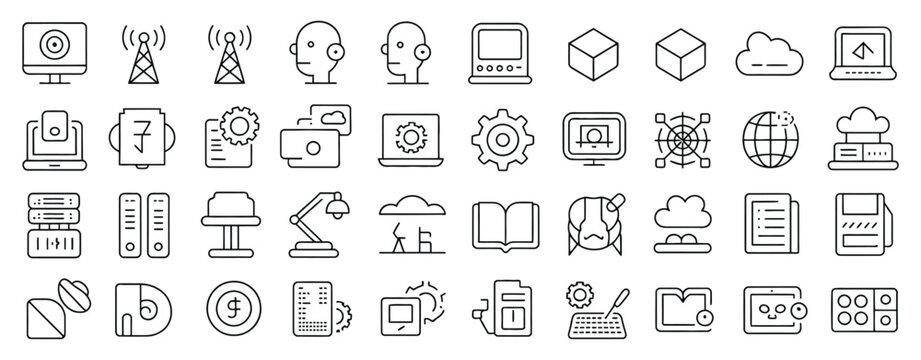 Computer and Web line icon collection with Internet Connection, Laptop Screens, Responsive Devices, Analytics and Technology Interface elements vector set.