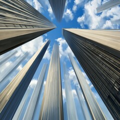 Naklejka premium View of Tall Columns Against a Cloudy Sky From Below in an Open Space
