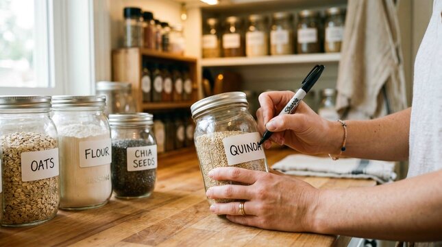 Close up of a woman writing a quinoa label on a glass mason jar using a black marker, organizing dry ingredients on a rustic wooden countertop in a home kitchen pantry