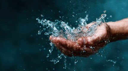 Fototapeta premium Hands cupped together splashing water upwards, capturing a moment of joy and refreshment, ideal for visuals that convey emotion and the beauty of nature’s elements.