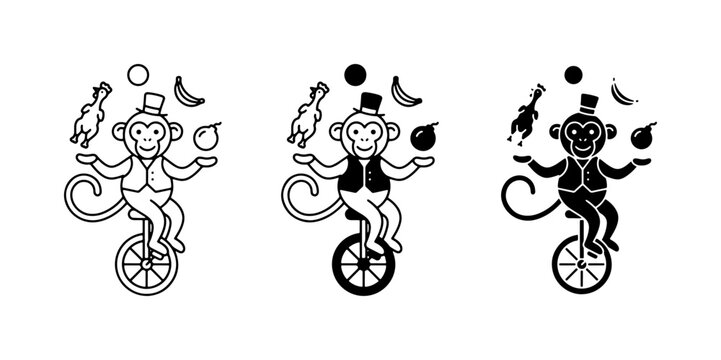 Circus Monkey Juggling on Unicycle, Vector Icons Set, Black and White