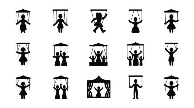 Set of 15 Black Puppet String Doll Icons Vector