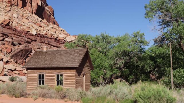 The historic Fruita School, built by Mormons in 1896, beside State Route 24 in Capitol Reef National Park in Utah