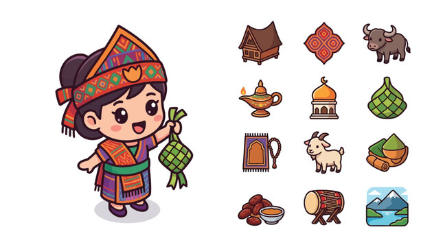 Indonesian Chibi Girl in Traditional Clothing Holding Ketupat with Cultural Icons Set Including Rumah Gadang, Mosque, Buffalo, Goat, Prayer Mat, Bedug, and Mountain Landscape
