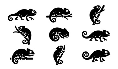Set of black chameleon silhouettes in various poses vector illustration © Ziten