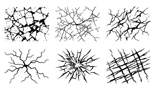 Collection of cracked ground, wall, or broken glass texture vectors. Abstract set of realistic fracture lines and lightning strike shapes.