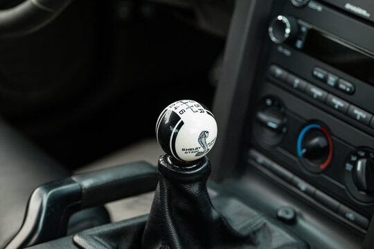 Lucerne, Switzerland, May 30, 2026. Custom cue ball gear shift knob with cobra logo inside a Ford Mustang Shelby GT500