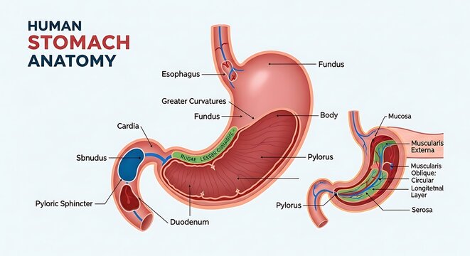 Human stomach anatomy diagram illustration.