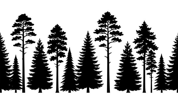 Seamless pine trees forest silhouette border pattern on white background