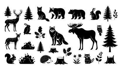 Forest wild animals and trees silhouette collection vector © Ziten