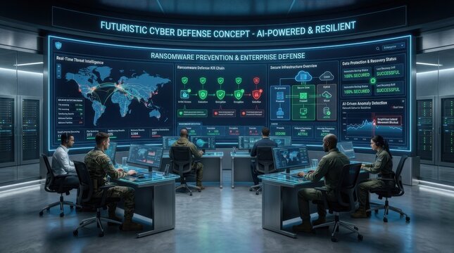 Cyber defense command center with global threat map