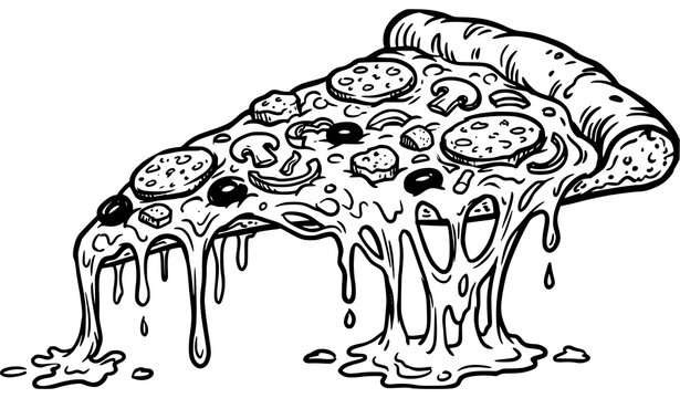 Cheesy delicious pizza slice hand drawn line art vector
