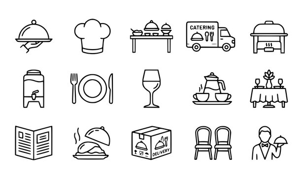 Catering and restaurant service line art icons set. Food delivery, chef hat, buffet table, and dining elements.