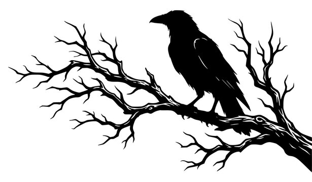 Crow or raven bird perched on a bare tree branch vector