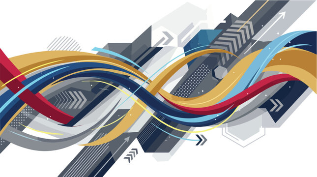 Abstract dynamic futuristic wave pattern with geometric shapes and arrows in blue, gold, and red