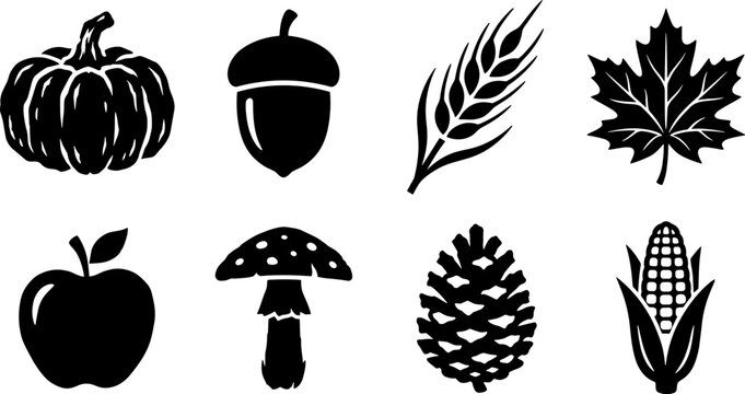 Autumn and harvest silhouettes vector collection featuring pumpkin acorn wheat maple leaf apple mushroom pinecone and corn cob