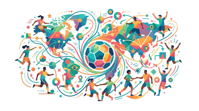 Global football celebration with diverse players and world map graphics in vibrant colorful illustration