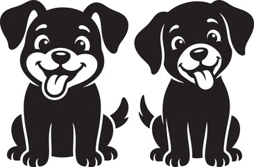 Fototapeta premium Cute puppy dog silhouettes sitting happy expression black vector on white background with silhouette isolated domestic