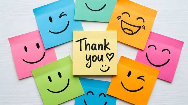 Colorful sticky notes with smiley faces and Thank You message, vibrant adhesive paper notes for gratitude and appreciation, cheerful office stationery