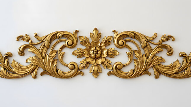 Vintage gold floral molding on white wall, ornate baroque architectural detail, classical gilded wood carving for luxury interior design