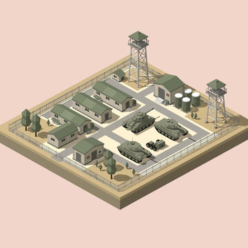 Isometric illustration of a military base with tanks and watchtowers on display