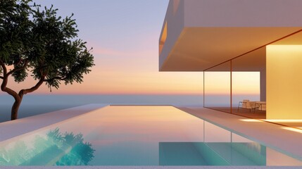 Fototapeta premium Modern Architecture with Infinity Pool and Sunset Sky Reflected in Water on Coastal Landscape