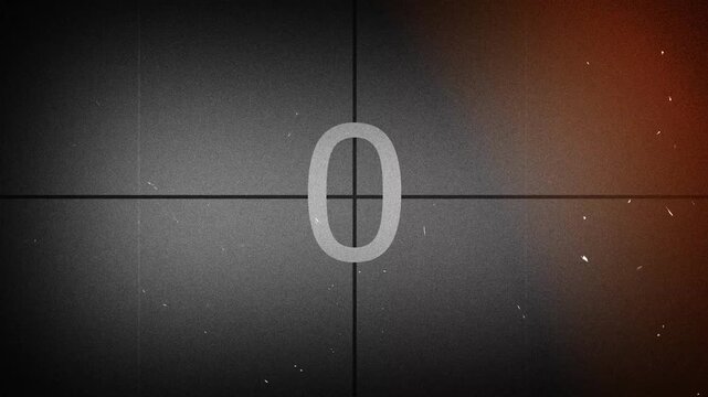 5 seconds short old movie countdown with vintage film featuring ight leaks overlay effect, flicker, grain, dust and scratches. Retro video edits. 4K Video