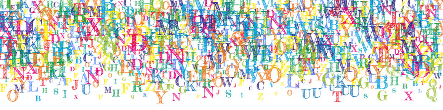 Scattered letters of latin alphabet. Colorful childish floating characters of English language. Foreign languages study concept. Back to school banner on white background.