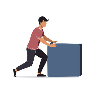 Man pushing a large blue box