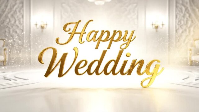 Elegant golden text "Happy Wedding" displayed prominently in a luxurious, brightly lit ballroom with ornate decor and soft lighting.