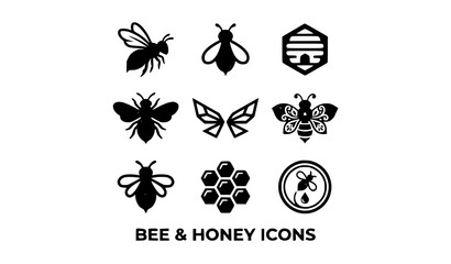 Fototapeta premium Stylized Bee and Honeybee Icon Collection in Black and Orange Silhouette Style