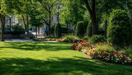 Fototapeta premium Sunny public garden with green lawn and colorful flower beds sunlight blooming