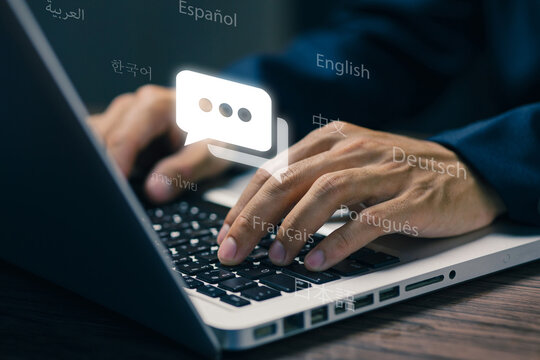 Multilingual communication technology with online translation interface on laptop, supporting global languages, AI language processing, localization, international business and digital communication.