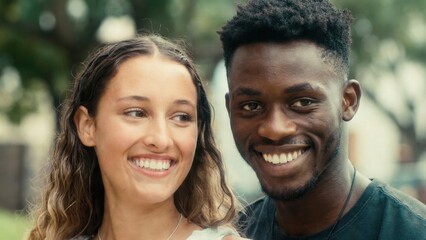 Naklejka premium Young woman and man smiling together in outdoor park