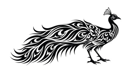 Fototapeta premium Peacock tribal illustration with intricate design and black and white pattern