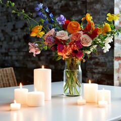 Obraz premium Colorful Flowers and Candles Create a Warm Setting on a Table in a Cozy Space
