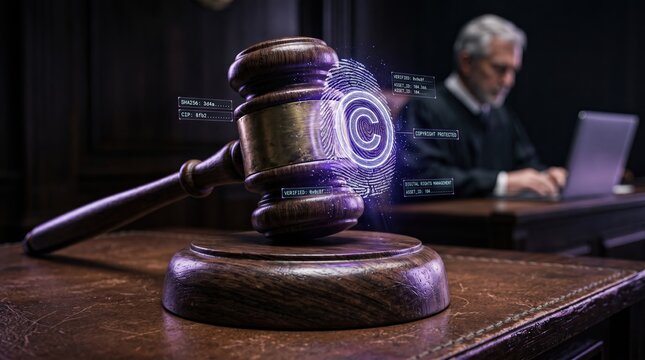 3D Illustration of a Judge Gavel with Digital Copyright Symbol and Fingerprint for Intellectual Property Law and Digital Rights Management Services