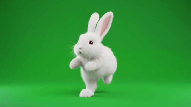 A white rabbit toy runs on green surface with green background