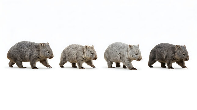 Four wombats isolated on white background, Australian marsupial native animals