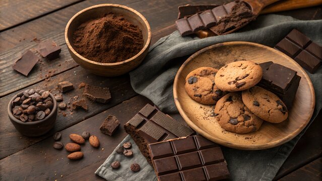 Rustic dark chocolate cookies and cocoa ingredients with still life chocolate ingredients delicious handmade culinary homemade confectionery composition preparation textured delicacy