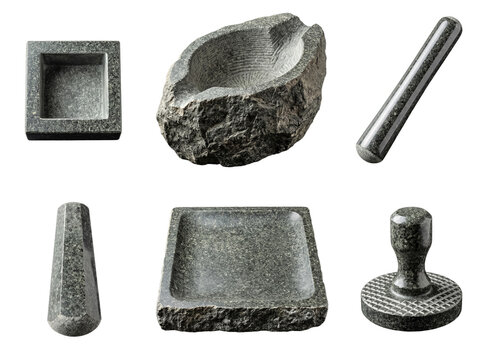 Variety of dark grey stone mortars and pestles, ideal for culinary and traditional spice grinding, isolated.