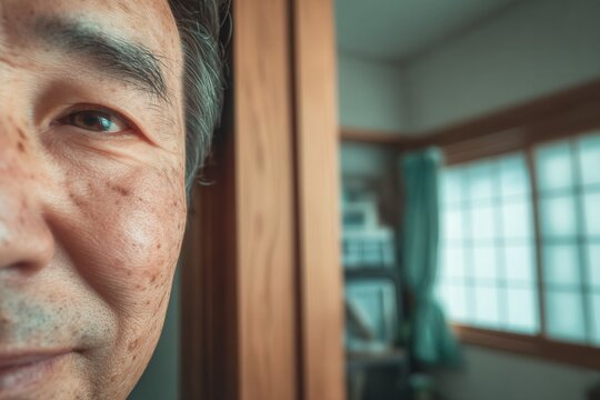 Elderly man's face with a wise gaze, peering from behind a wooden door