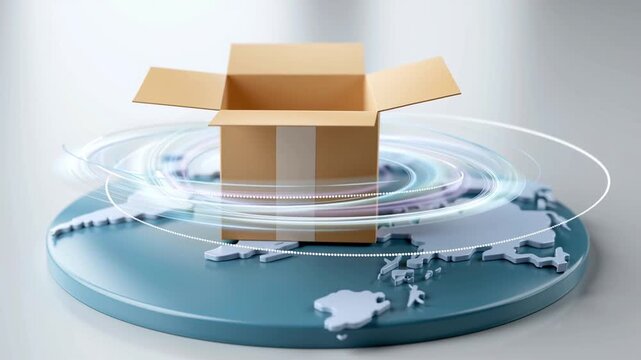 Cardboard box positioned on a circular world map base with swirling motion graphics indicating global shipping and logistics, emphasizing connectivity and distribution