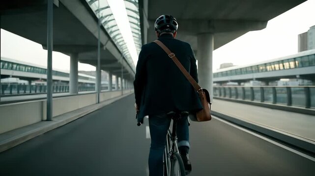 Businessman rides bicycle through city underpass during commute. Man cycles to work under bridge wearing helmet. Businessman commuting on bike through urban underpass. City cycling with bag and helmet
