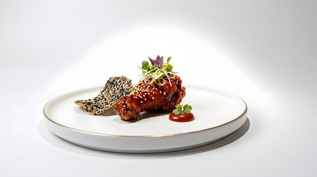 Korean Fine Dining Fried Chicken with Gochujang Gel and Microgreens