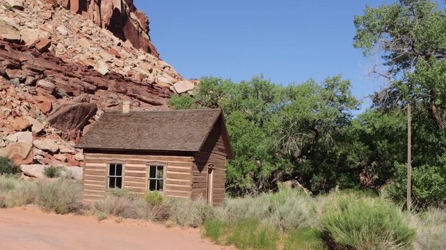 The historic Fruita School, built by Mormons in 1896, beside State Route 24 in Capitol Reef National Park in Utah