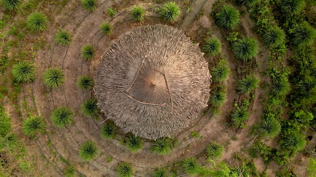 aerial top down view of traditional Toulou Keur in Senegal, round vegetable garden used for permaculture and farming by african farmers